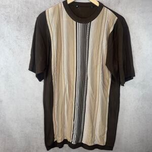 Men’s Vintage Retro Brown Vertical Striped Knit Short Sleeve Shirt Size Large